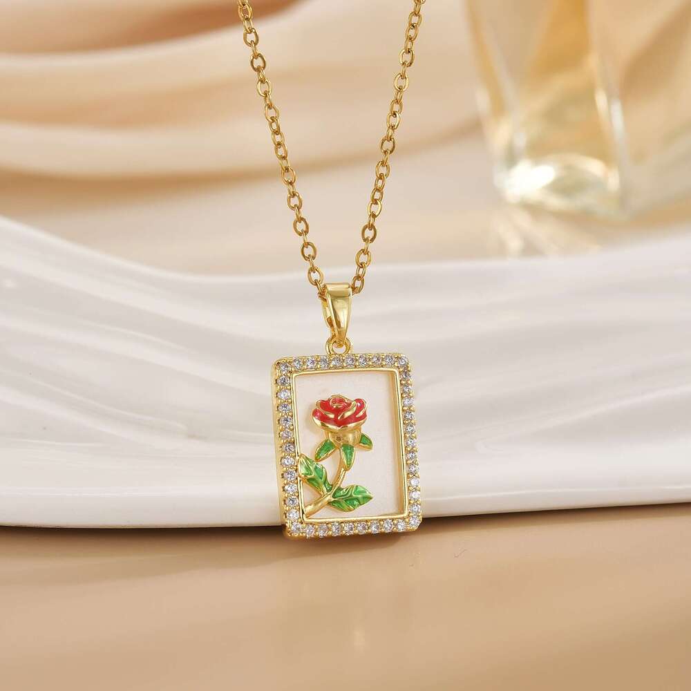 Summer Fashion Frame Rose Light Elegant Full Dia Necklace For Women Internet Celebrity Versatile Collarbone Titanium Steel Chain 1E4