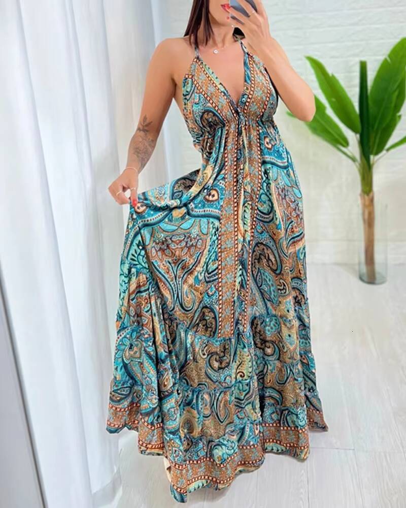 Summer Women Fashion Tribal Print V-Neck Spaghetti Strap Maxi Casual Backless Flowy A Line Dress dongdumaoyi