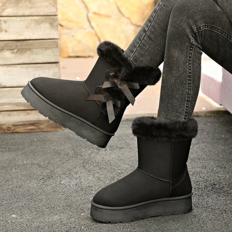 Free delivery designer fashionable plus size snow boots winter new style with plush and thick bow tie