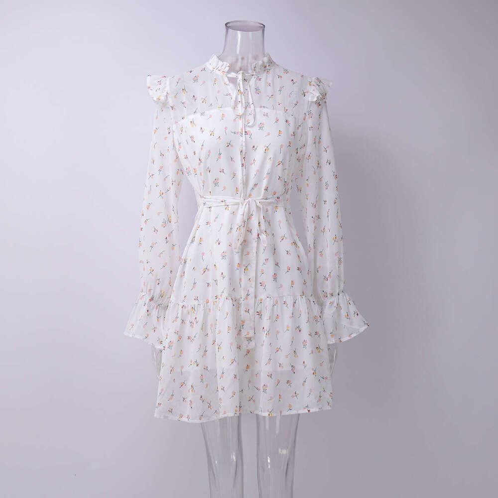 Floral For Women Ruffle Neck Tie Puff Sleeve Short Chiffon A-Line Dress B5