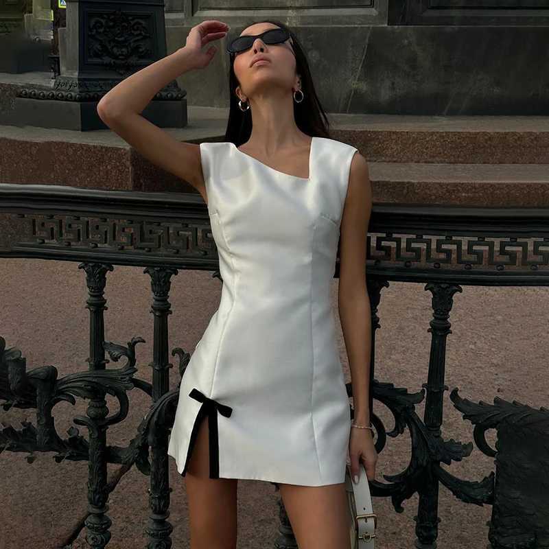 New Tank Dress For Women Skew Collar Fashion Bow Split Elegant Evening Party Short Dress Sleeveless Bodycon Outfits R250716