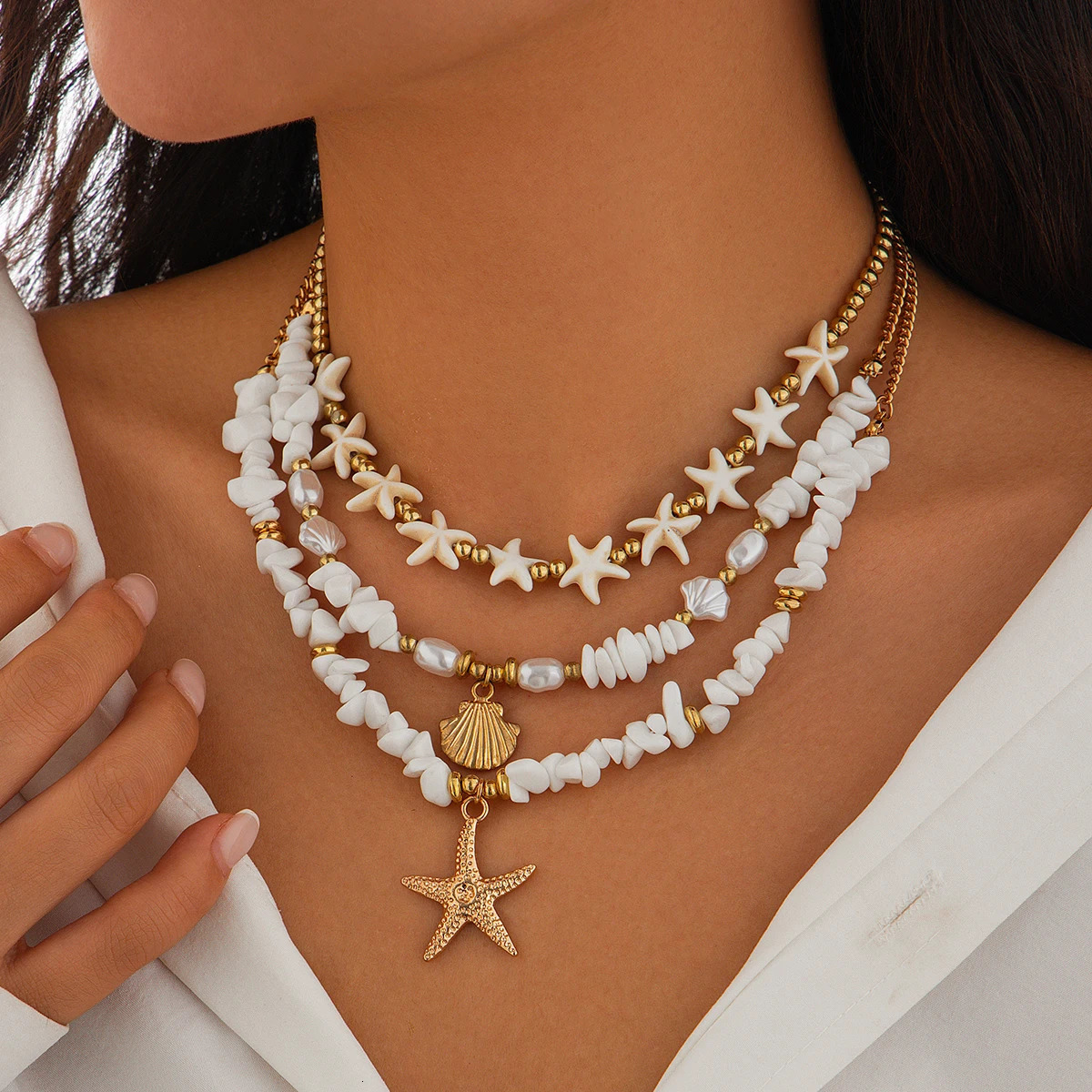Ingemark 3Pcs/Set Boho Starfish Conch Pendant Choker Necklace Women Creative White Irregular Stone Chain Aesthetic Y2K Jewelry 250712