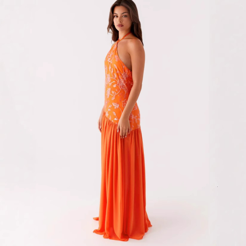 2025 New Cross-Border Women's Clothing Beaded Sequin Chiffon Patchwork Halter Neck Split Sexy Slim Dress