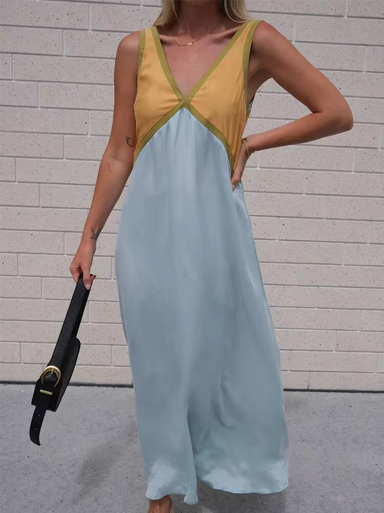 Women Fashion Patchwork V-neck Maxi 2025 Summer Casual Loose Sleeveless Sling Long Dress Female Beach Party Club Vestidos dongdumaoyi