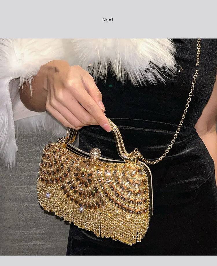 Dia Evening Clutch Bag Golden Tassel Handbag Boutique Novelty Metallic Rhinestone Purses And Handbags Bridal Wedding Party