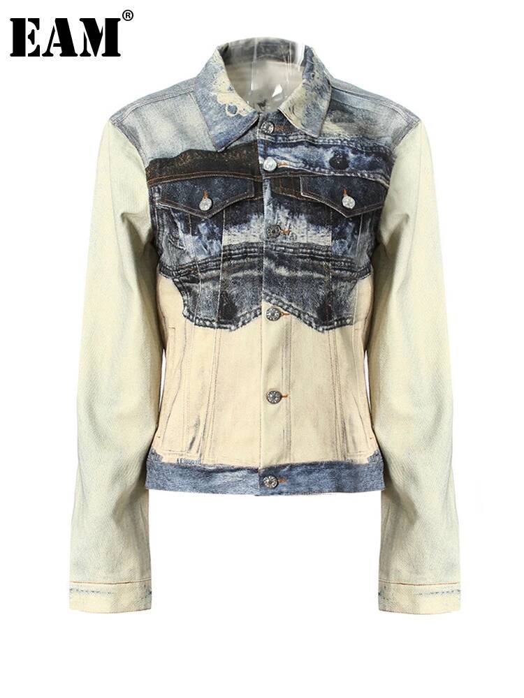 Blue Printed Big Size Casual Denim Jacket New Lapel Long Sleeve Women Coat Fashion Tide Spring Autumn 2025 7Ab4540