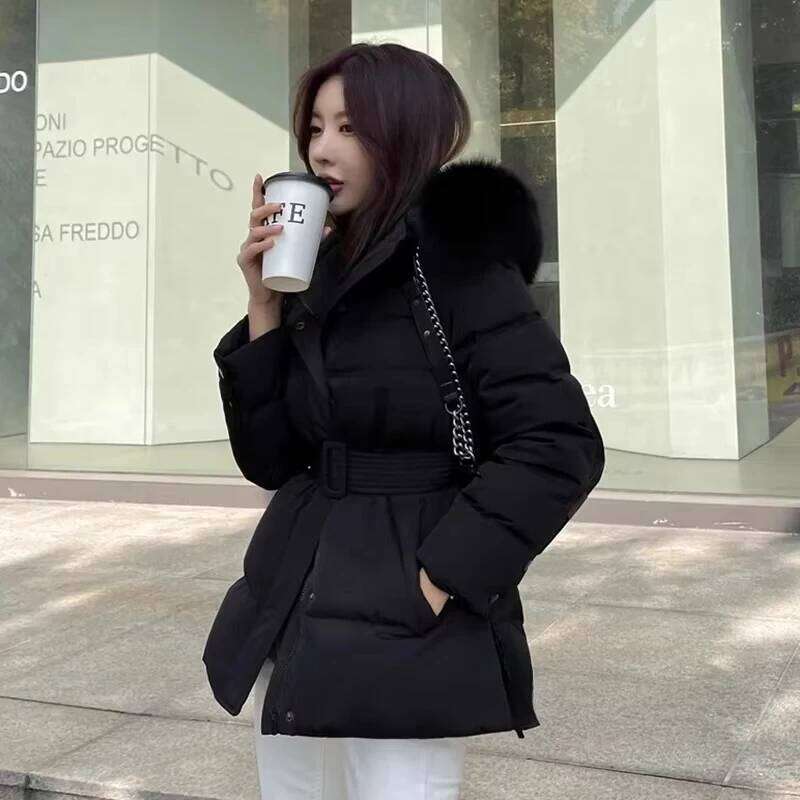 Hooded Detachable Fur Collar Abrigos Invierno Lace Up Tunic 2025 Woman Outerwears Long Sleeve Parkas Korean Style Jacket Coats