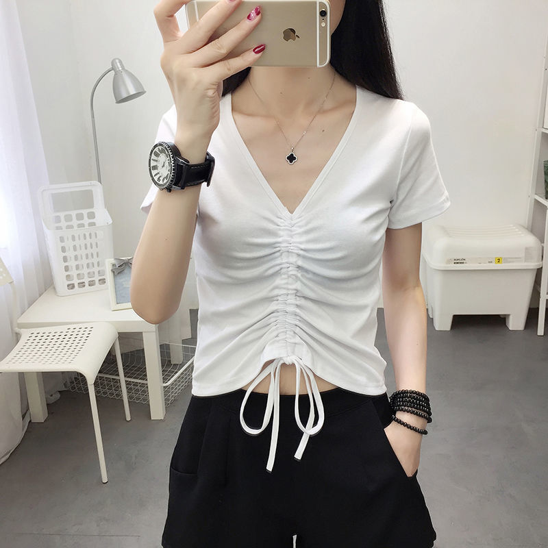 Summer New Women S T Shirt Ribbed Cotton Design Short Sleeve For Slim Fit V Neck High Waist Drawstring Top Base Designer