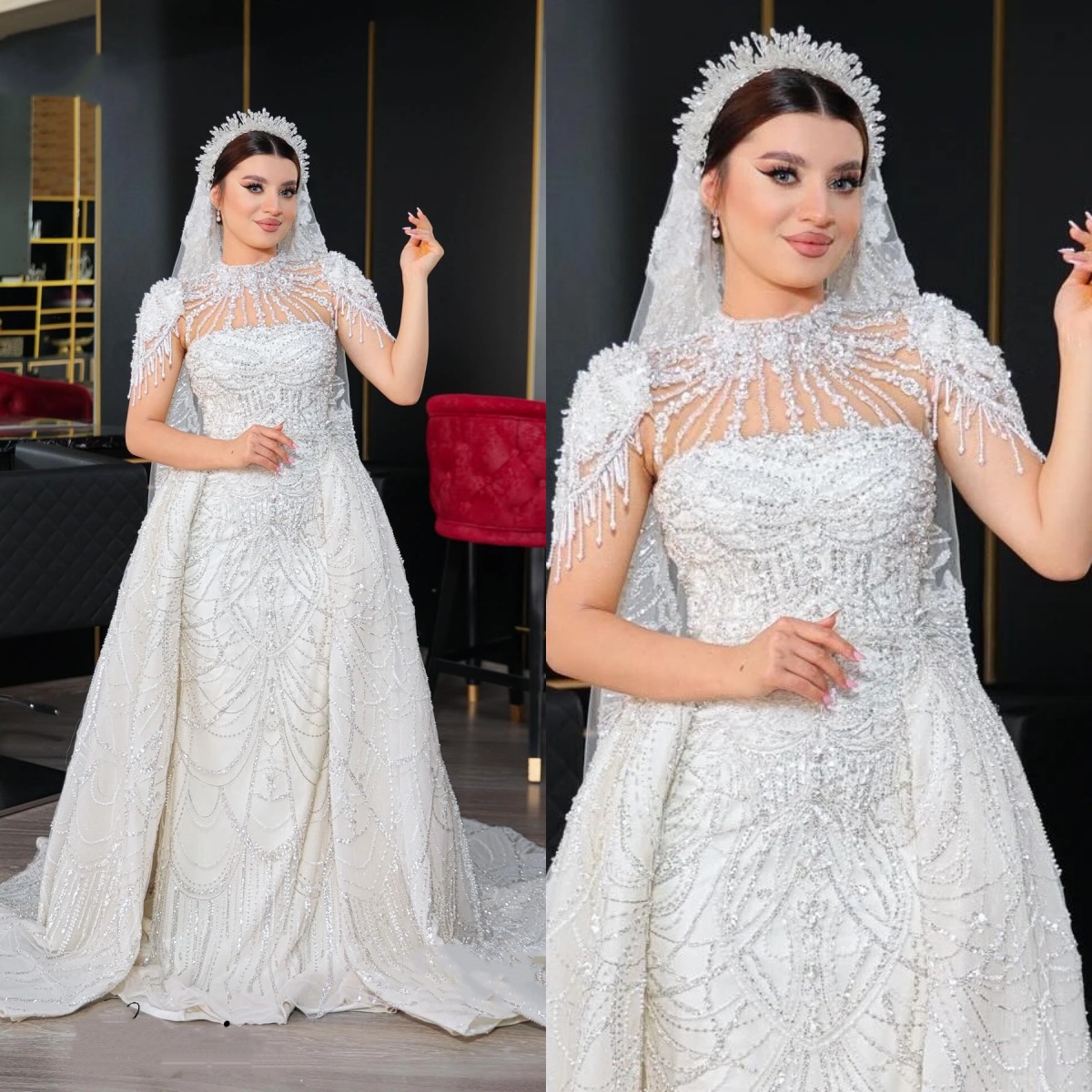 Vintage A Line Women Wedding Dress Jewel Neck Sleeveless Bridal Gowns Sequins Lace Detachable Train Dress Custom Made vestidos de novia
