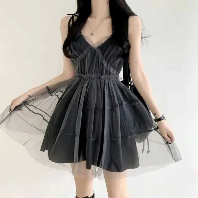 REALEFT Summer Y2k Black Mesh Womens Ball Gown Dresses 2025 New Sleeveless Strapless V-neck Party Sexy Mini Dress for Women R250716