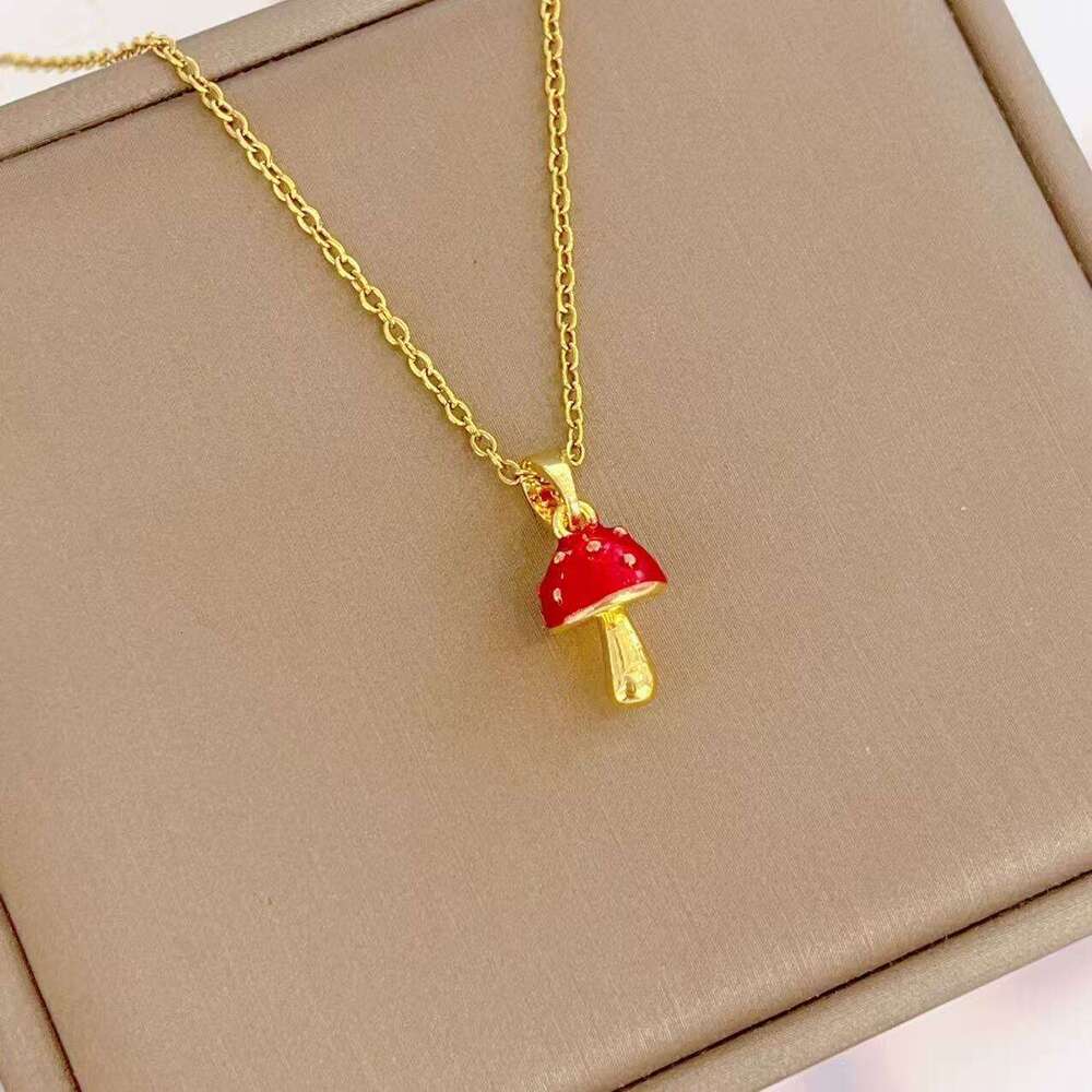 Light Red Oil Drop Mushroom Necklace For Women, Unique Design, Elegant And Versatile Collarbone Chain 808