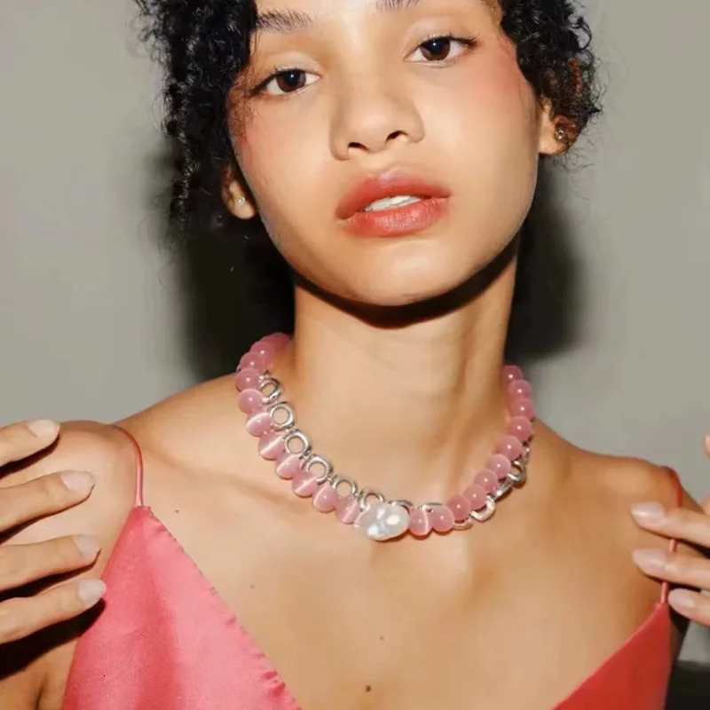 Pink stone beaded necklaces for women big baroque necklace summer holiday beach jewelry cute 2000s aesthetic jewelry 250712