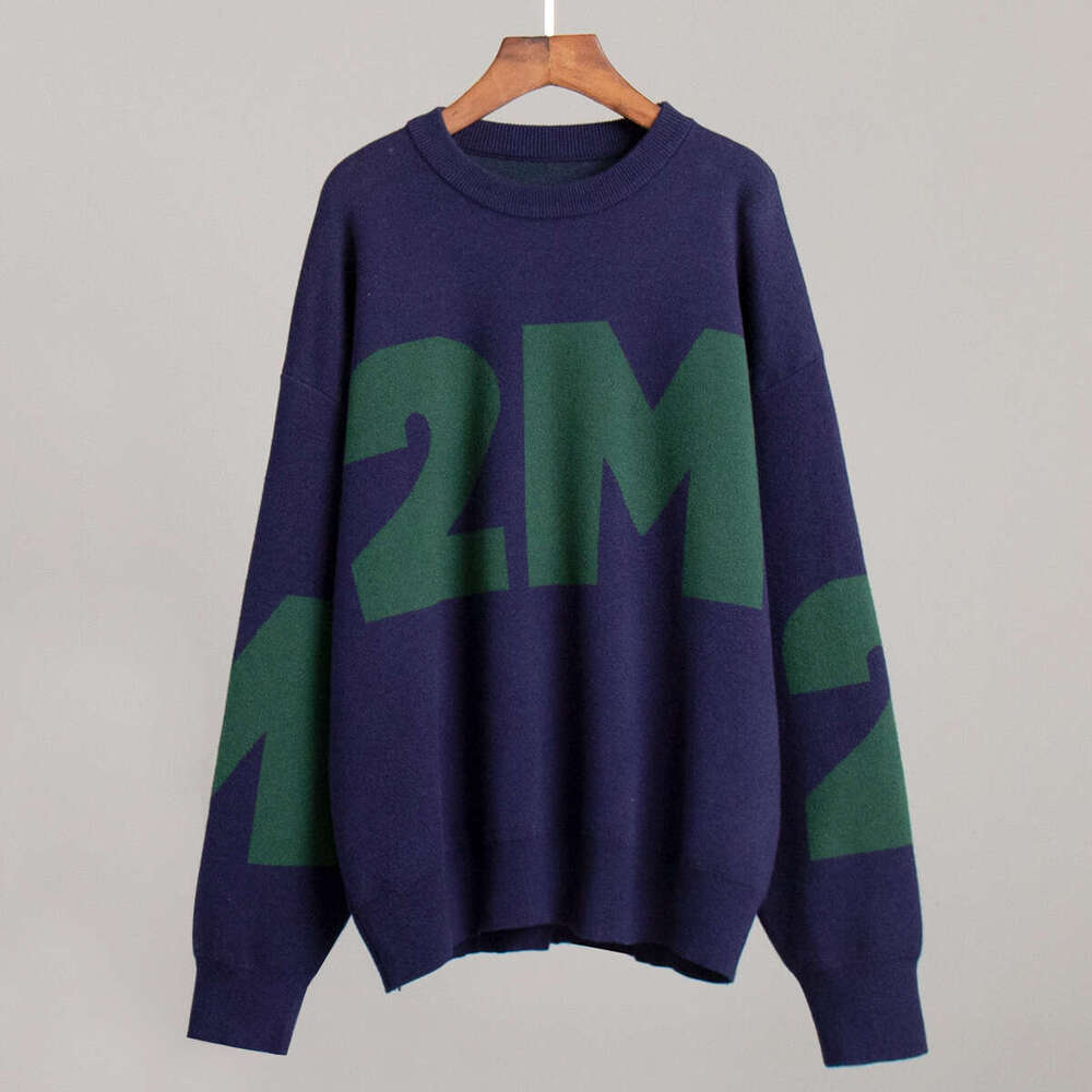 Autumn Winter Knitted Fashion Versatile Color Block Elegant Round Neck Loose Letter Sweater B5