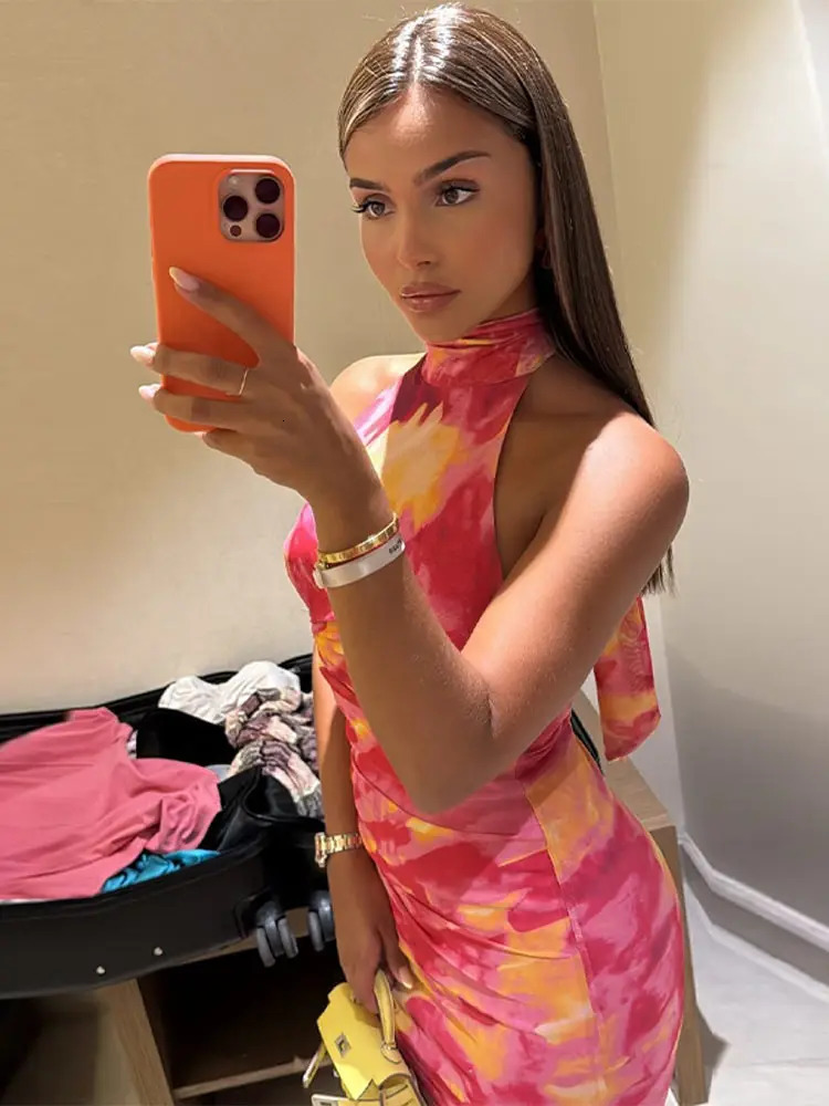 Stain Print Halter Beach Dress Women Sleeveless Backless Fitted Sexy Maxi Summer Resortwear Holiday Elegant Seaside Vestido 250716