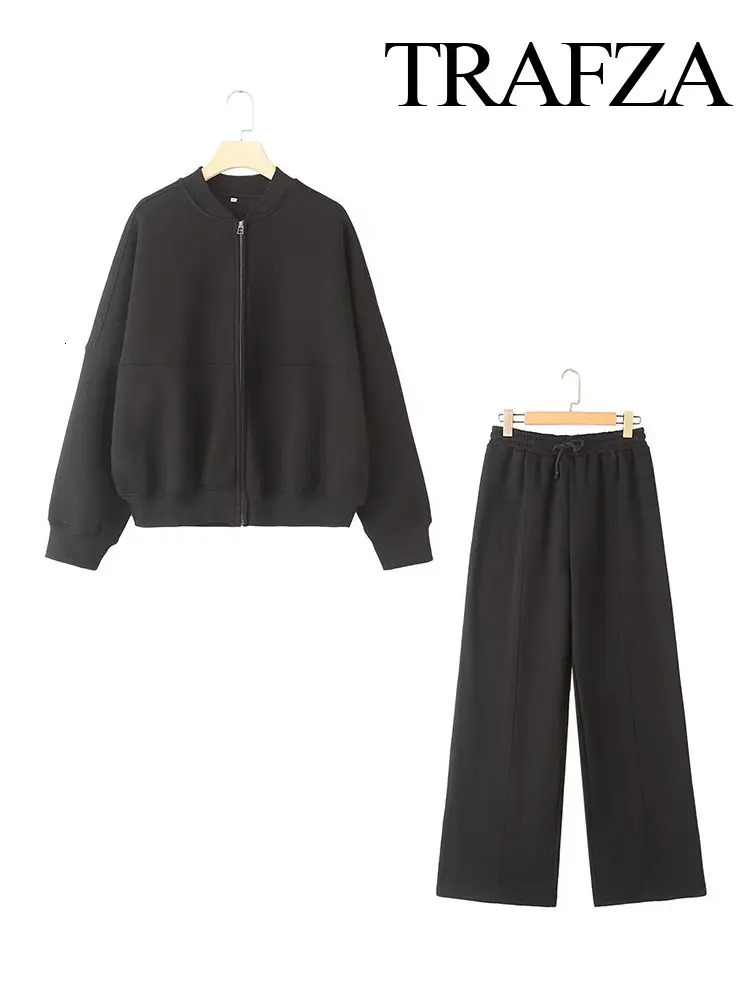 TRAFZA Womens 2-piece Retro Solid Color Zipper Bomber Jacket Sweatshirt High-waisted Lace-up Womens Loose Velvet Pants Suit 250715
