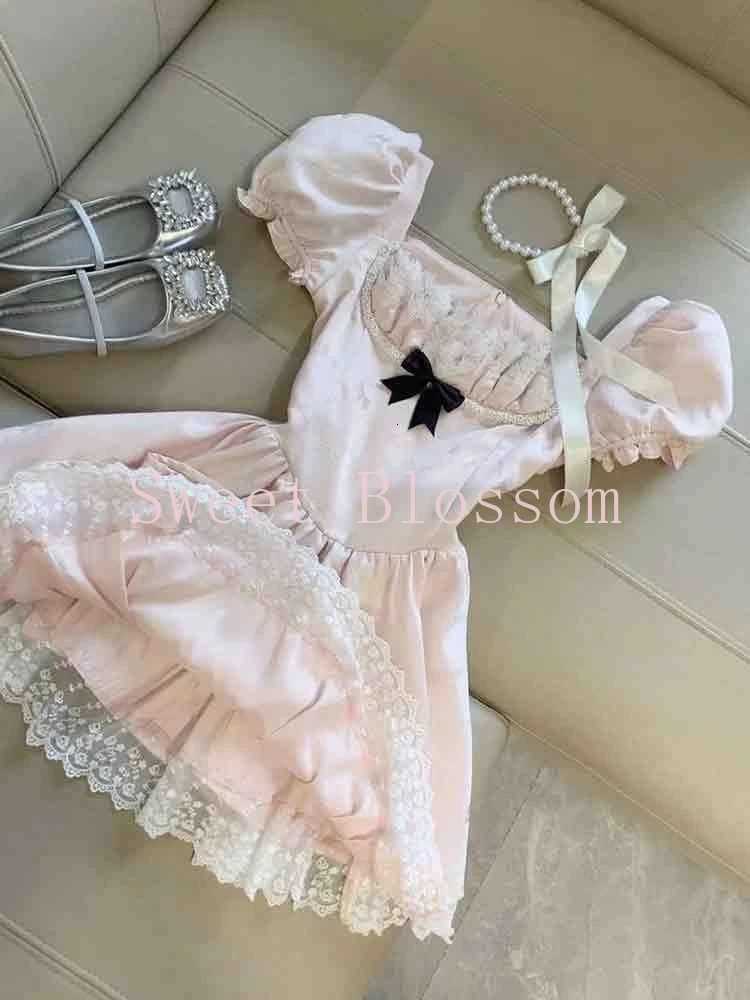 Korean Sweet Pink Bow Bubble Sleeve Dress Women New Fashion Fit Chic Party Fairy Fluffy Dresses Summer Harajuku Y2k Slim Clothes R250716