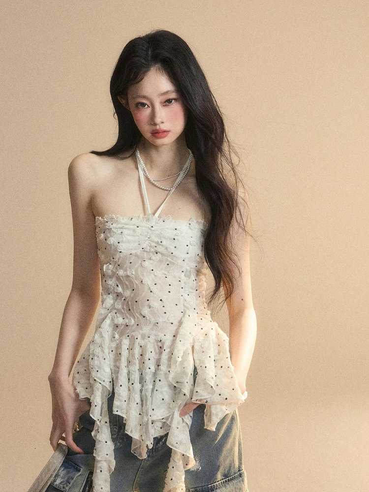 Streetwear Wave Point Women Halter Camisole Vintage Irregular Ruffled Tanks Summer Grunge Sexy Y2k Aesthetic Fairy Vest Tops R250716
