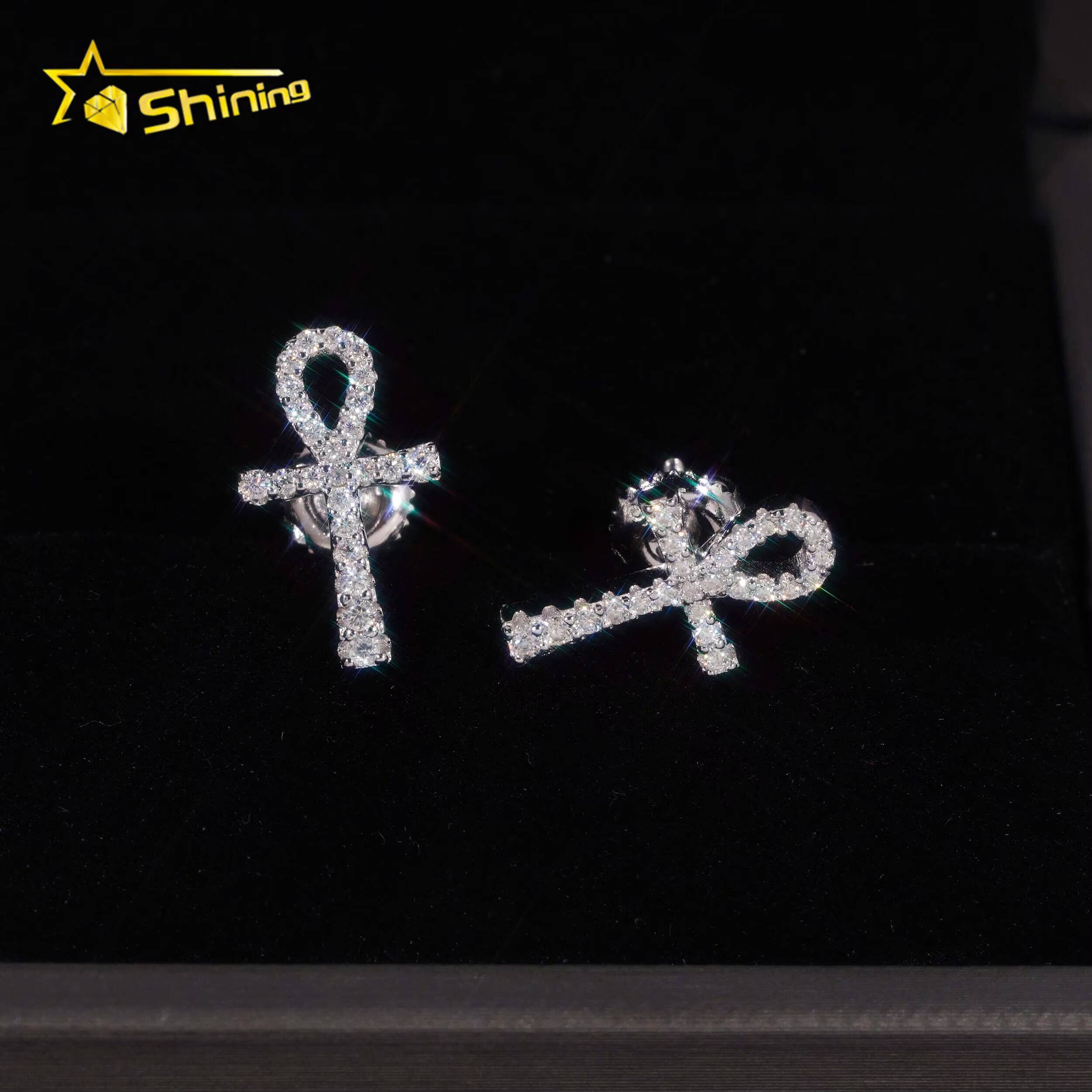 Ready to Ship Hip Hop Jewelry 925 Sterling Silver Gold Plated Iced Out Moissanite Men Cross Stud Earrings With GRA