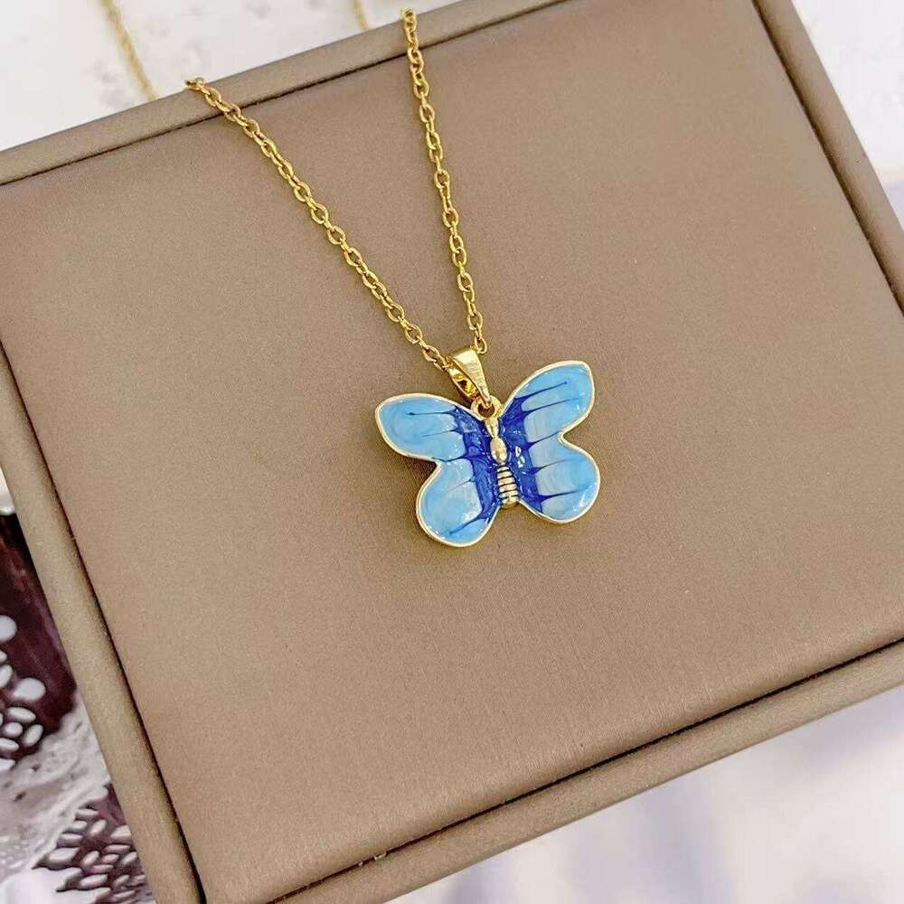 Fresh Colorful Butterfly Necklace Korean Style Simple Titanium Steel Collarbone Chain Summer Women's Fashion Accessories 2A7