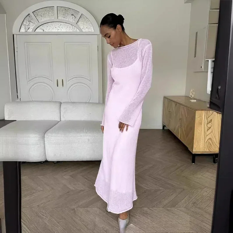 Spring Autumn O-Neck Elastic Knit Long Dresses Women Elegant Chic Soft Lady Hollowing Sweater Dresses Femme 250715