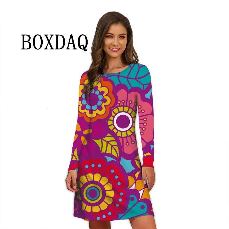 Flower Power Women Retro Hippie 60s Elegant Long Sleeve Loose Casual Fashion Oversized Autumn Woman Print Mini Dress dongdumaoyi