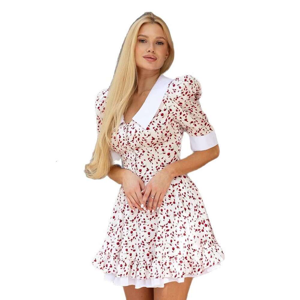 Women's V-Neck Printed Summer New Puff Sleeve Short Doll Collar Dress B5