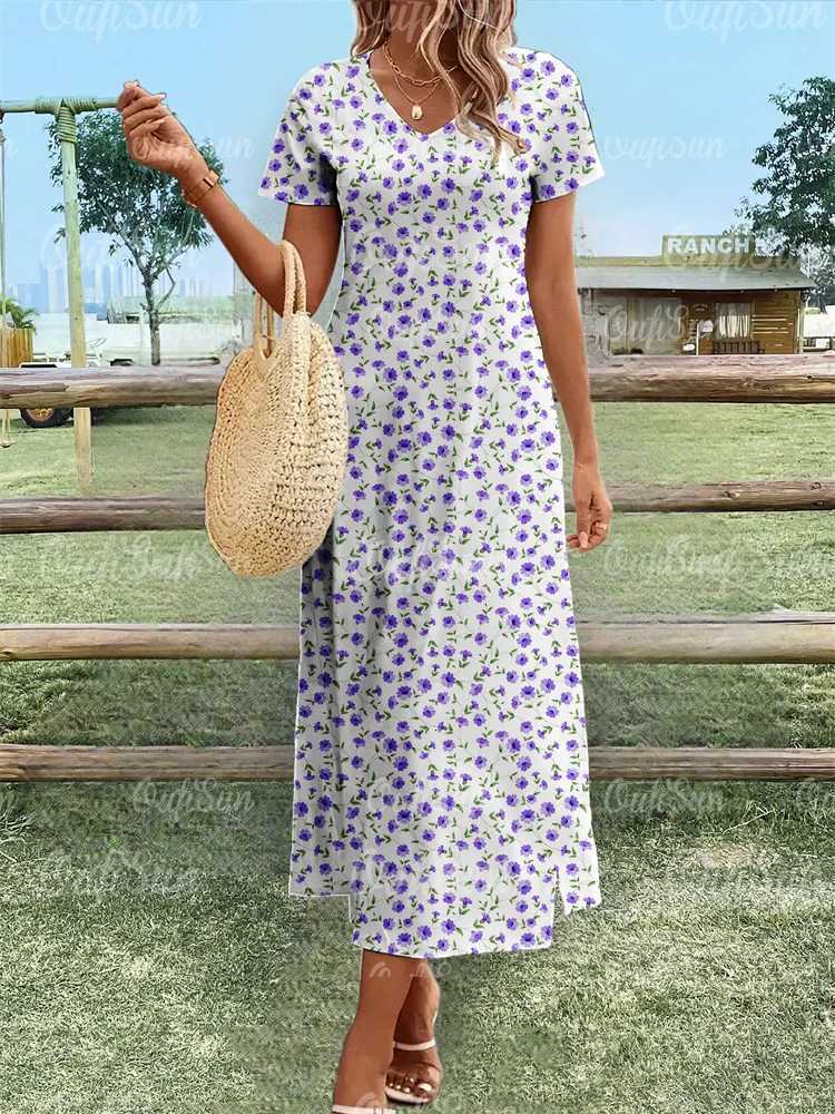 2024 New Womens Dresses Floral Print Summer Elegant Midi Dresses Vacation Female Short Sleeve Dress Fashion Oversized Clothes R250716