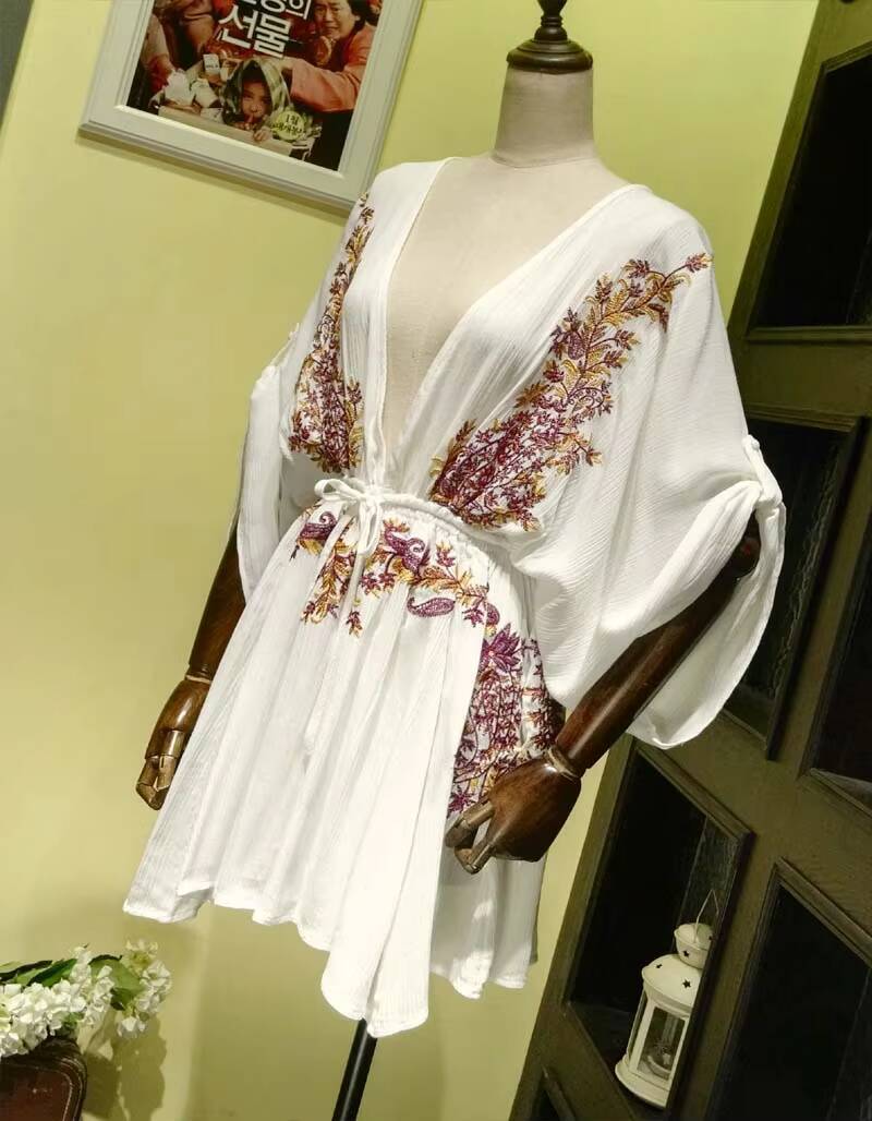 Boho sexy dress summer beach style cotton embroidered deep V-neck drawstring Waist half Sleeve mini women brand clothing dongdumaoyi