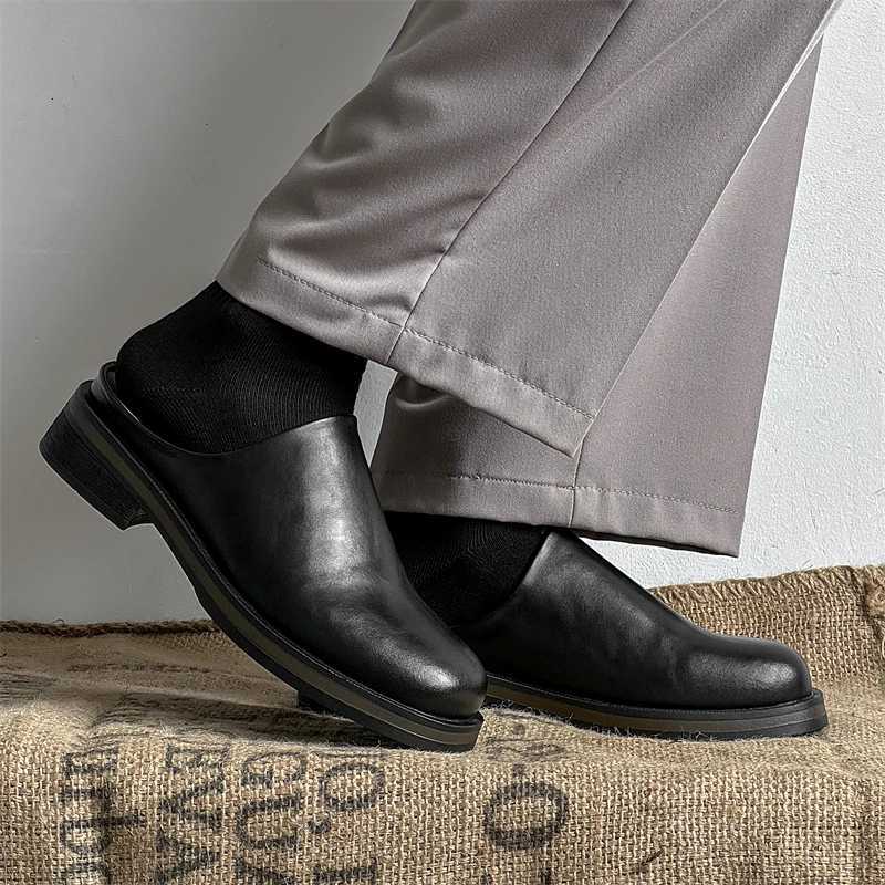 2025 Platform Leather Mules Men Half Shoes For Men Slippers Thick Bottom Backless Casual Shoes Semi-Drag Loafers Men Slides W250716