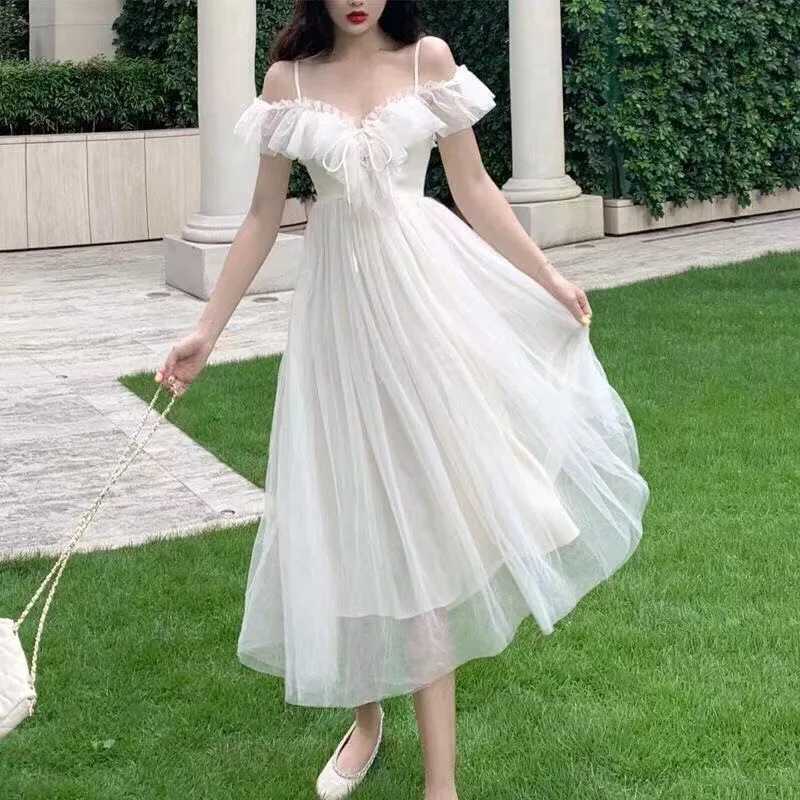 Women Sexy Mesh V Neck Lace Up Sweet Kawaii Japanese Fairy Party Elegant Dresses Summer Fashion Ruffle White Short Sleeve Dress R250716
