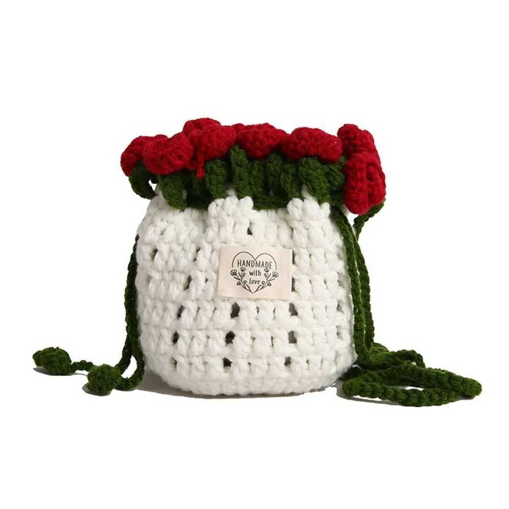 Bohemian Rose Bouquet Weave Bag Cotton Rope Flower Shoulder Bag Storage Bag Large Capacity Rose Beach Bucket Bag Beach