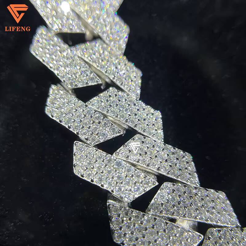 Lifeng Jewelry 15MM Honeycomb Set VVS1 Moissanite Necklace Solid Silver White Gold Plated Cuban Link Chain Bust Miami Chain