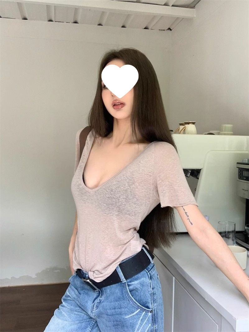 Summer New Women S T Shirt Original Tencel Fabric Thin Slightly Transparent V Neck Short Sleeve T Shirt For Women Slim Fit Casual Base Shirt New Desig