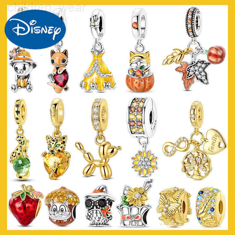 Disney 925 Sterling Silver Golden Charms Bead Squirrel Maple Leaf Leopard Pendant Fits Bracelet Making Womens Jewelry W20250716