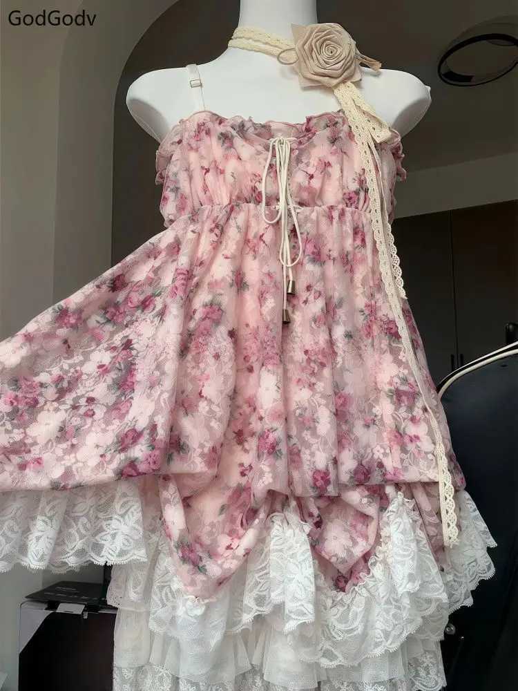 2025 Summer Y2k Womens Dress Female Floral Lace Vintage Fairy Sleeveless High Waist Elegant French Sweet One-Piece Dress Party R250716