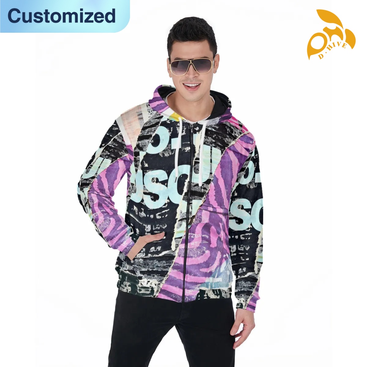 free shipping designer of customized Wear-resistant Full-body printed zipper hoodie with pockets with exquisite patterns from US