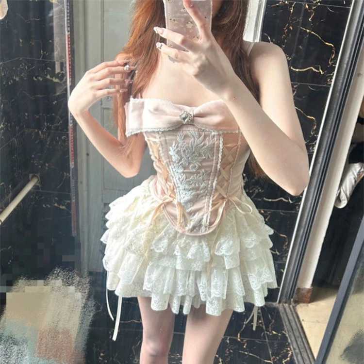 Fashion Sweet Pink Bow Slim Fit Camisole Vest+ Y2k Grungehigh Waist Ruched Lace Cake Skirts 2025 Summer New Two Piece Sets R250716