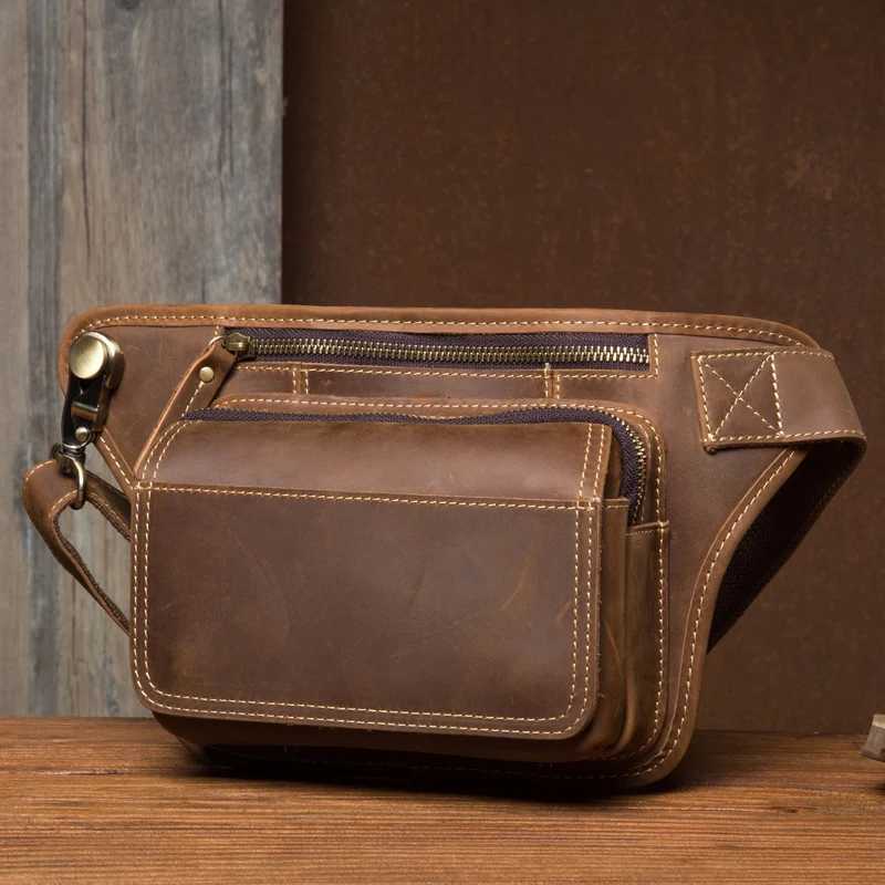 Mens genuine leather bag multi-functional crossbody waist bag for casual sports