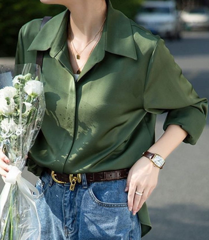 2025 Blue Silk Satin Shirt Women's Long Sleeve Spring and Autumn Imitation Acetic Acid Shirt French Style with a Hanging Feel
