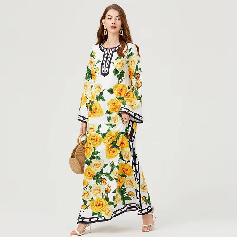 Summer Bohomian Loose Maxi Dress Runway Womens O-Neck Batwing Sleeve Yellow Rose Print Oversize Split Robe Long Vestidos 613 dongdumaoyi