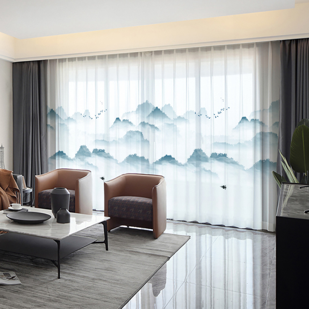 YL-36601 New Chinese style gauze curtain ink landscape painting curtain Chinese style 2025 new living room partition curtain light-transmitting
