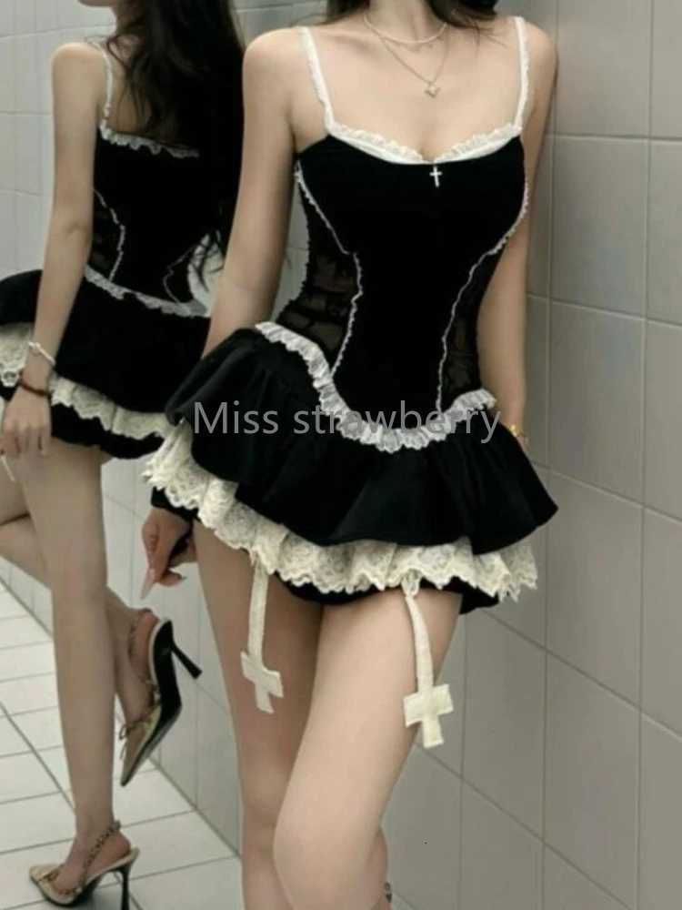 Summer Subculture Lace Patchwork Suit Women High Street Y2k Off-shoulder Tops Gothic Retro Short Thin Skirt Set Outfits R250716