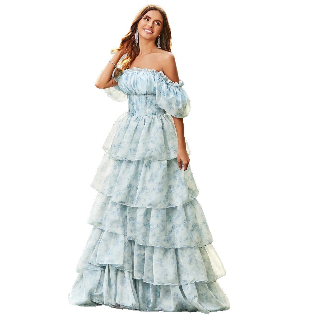 2025 Pastoral Style Sweet Cake Dress European and American Puff Sleeve Short Tie Waist Solid Color Floral Fairy Long