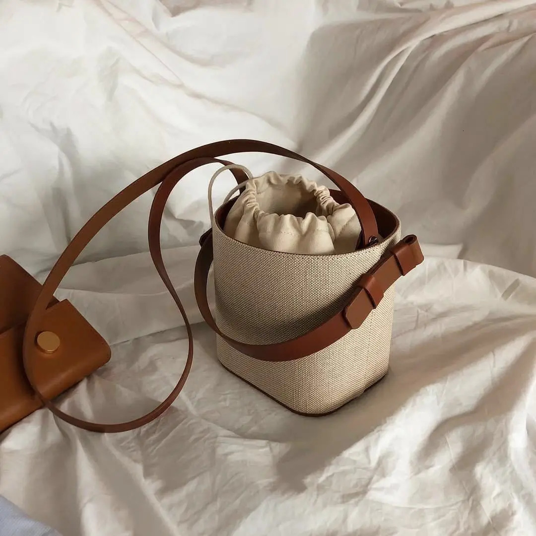 Summer Autumn Canvas Splicing Leather Drawstring Bucket Bag Women Fashion Contrast Small Bag Single Shoulder Crossbody Bag 250714
