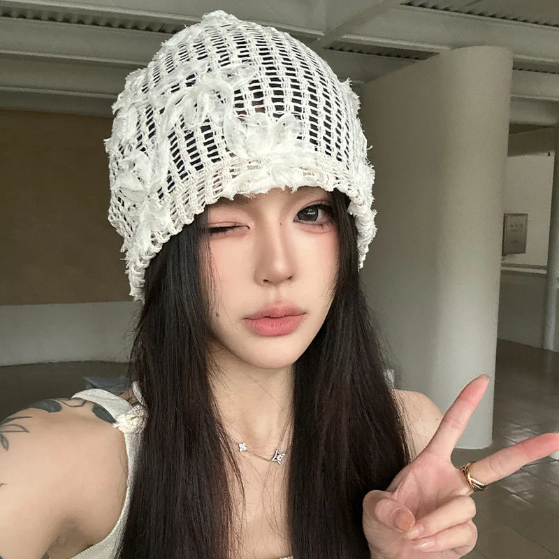 Spring Summer Korean Crochet Pullover Hat Outdoor Travel Fashionable Versatile Sweet Hollow Breathable Beanies Cap 250715