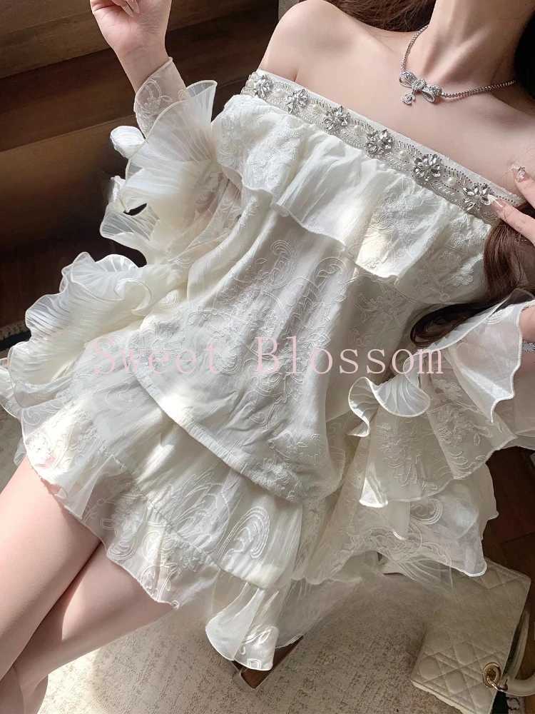 Summer French Elegant Sweet 2 Piece Set Women One Off Shoulder Tops + Fluffy Skirt New Irregular Slim Fashion Fairy Party Suit R250716