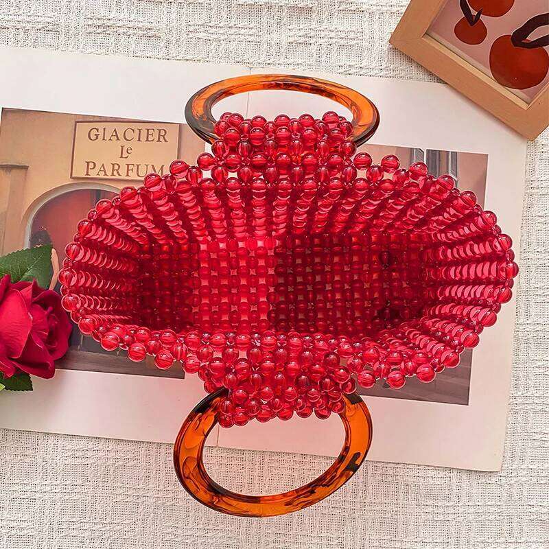 New Personalized Red Handmade Bead Woven Acrylic Fashionable And Versatile Circular Handle Handbag For Women