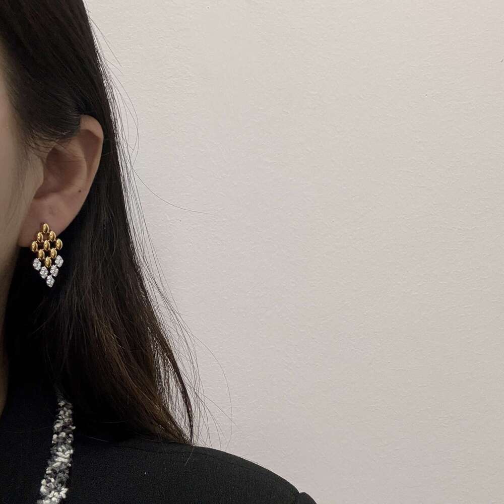 Heavy Craft Dia-Studded Rhombus Splicing Unique Design Fashionable Elegant Temperament High-End Earrings for Women