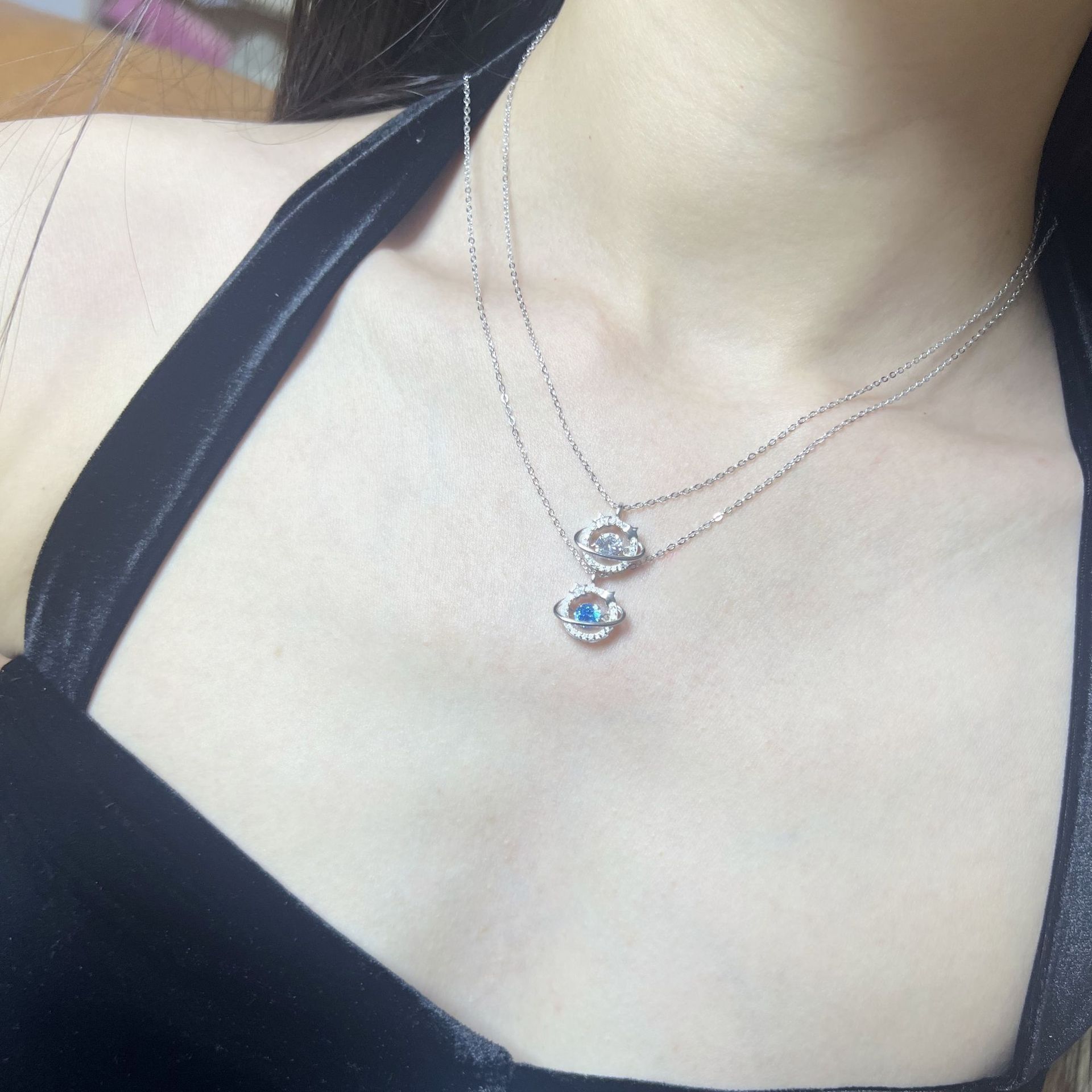 Celestial Blue - Stone Planet Necklace With Star & Rhinestone Rings Magical Sparkle For Everyday & Events High - Quality Jewelry