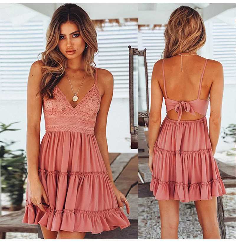 Female New Summer Fashionable Solid Color Dress Sexy Lace Strap Elegant Dresses Splicing Womens Seaside Vacation Wear R250716